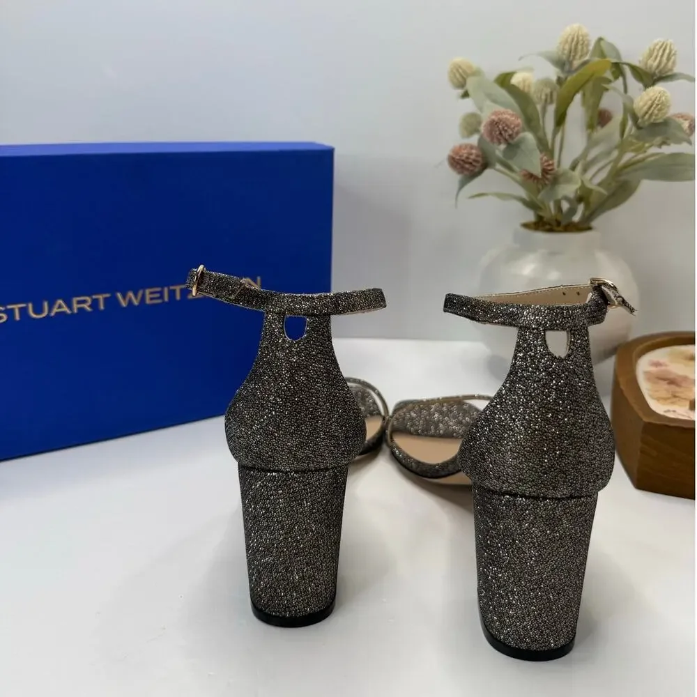 Stuart Weitzman Nudistcurve 75 Block Ankle Strap Sandal New Pyrite Women's 9B